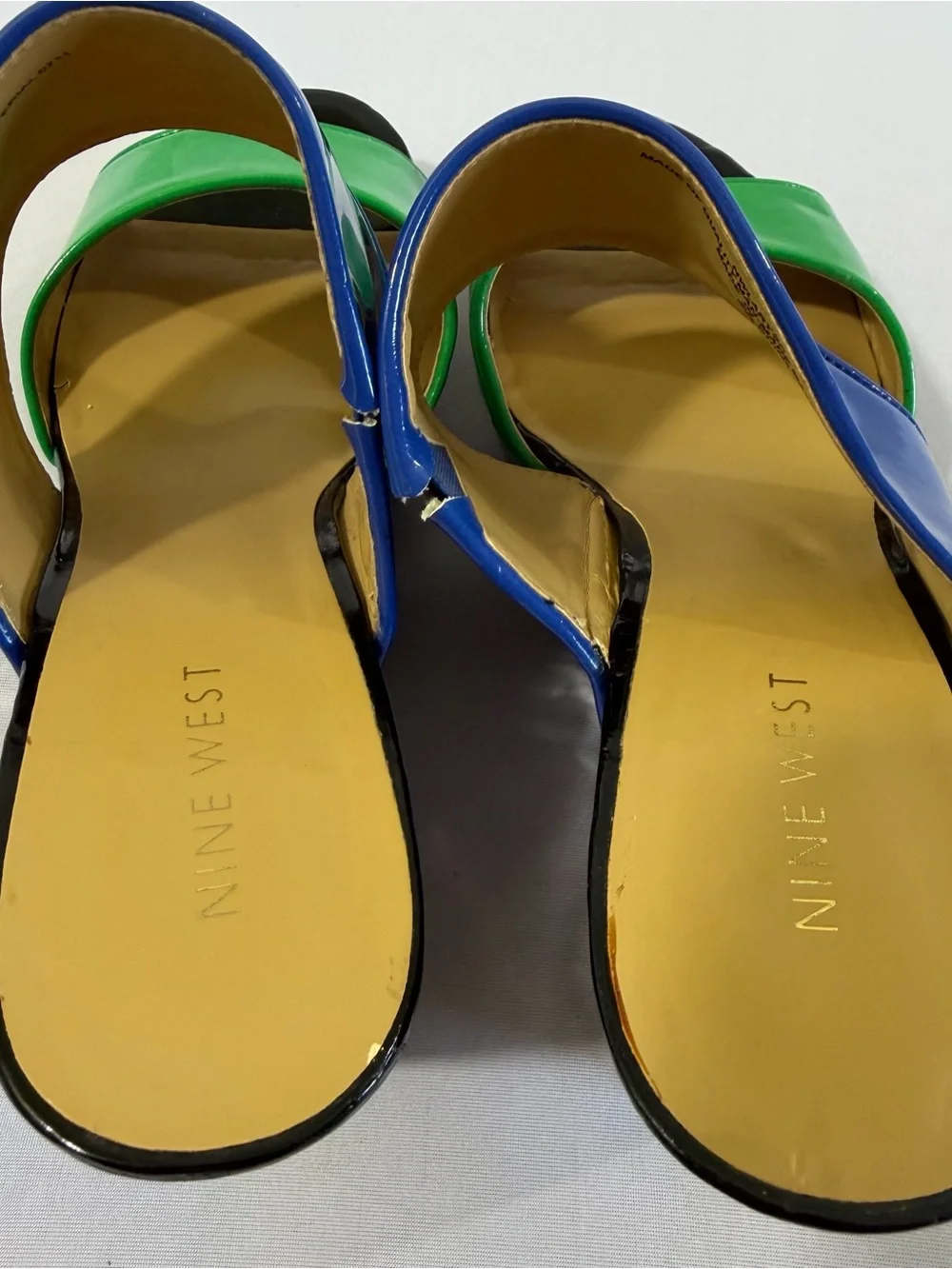 💙💚Nine West Colorblock Patent Platform Wedge Slide Sandals Blue Green Black| sz9